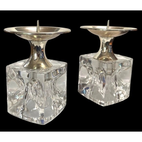 Rudolf Jurnikl Other - Vtg Rudolf Jurnikl Cut Glass Cube Candle Holder Chromed Silver Spike Sklo Union